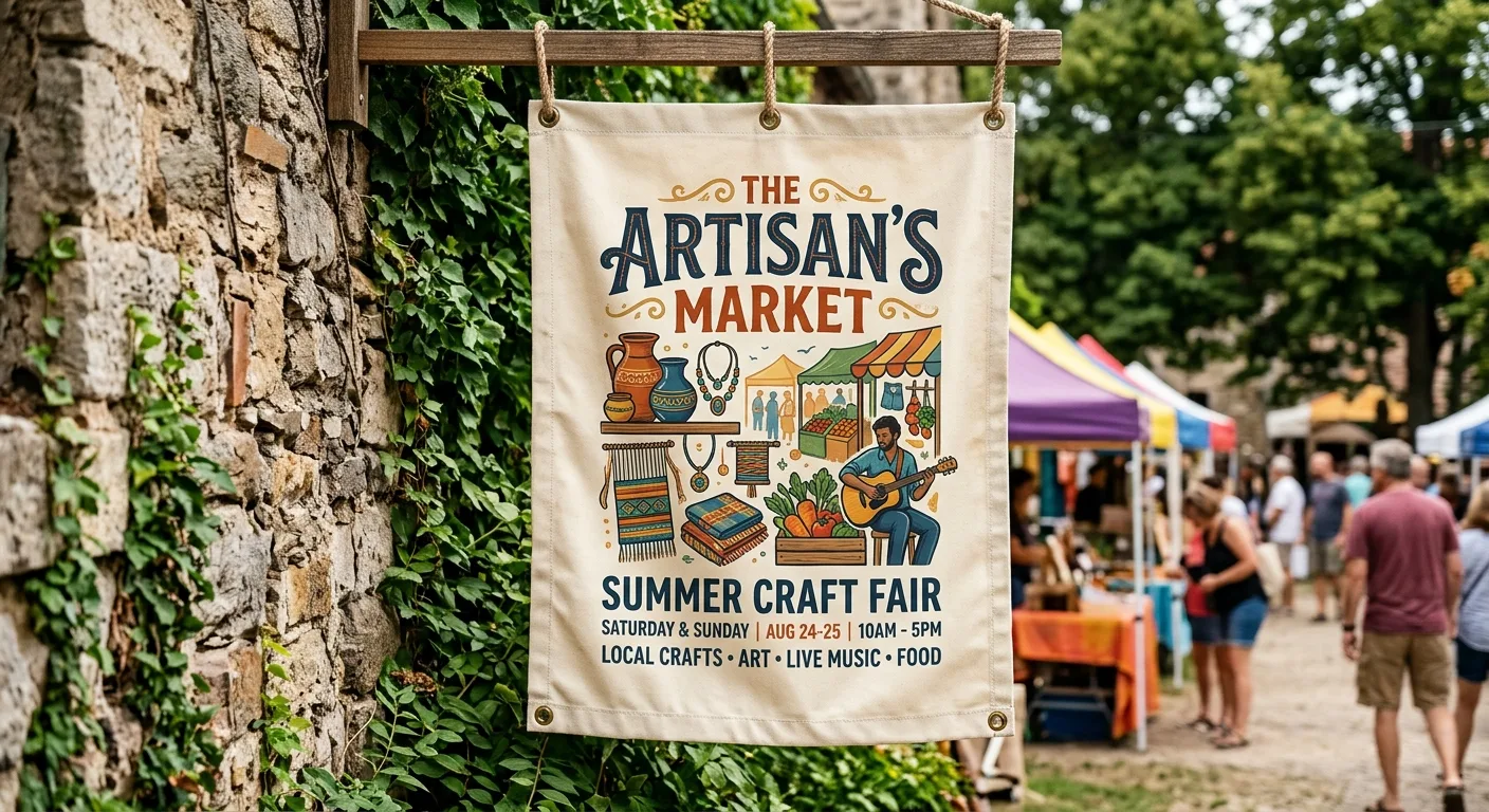 Custom printed fabric banner with eyelets hanging at an outdoor summer craft fair, featuring colourful Artisan’s Market artwork.