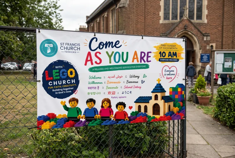 Colourful printed vinyl banner with eyelets fixed to a fence outside a church